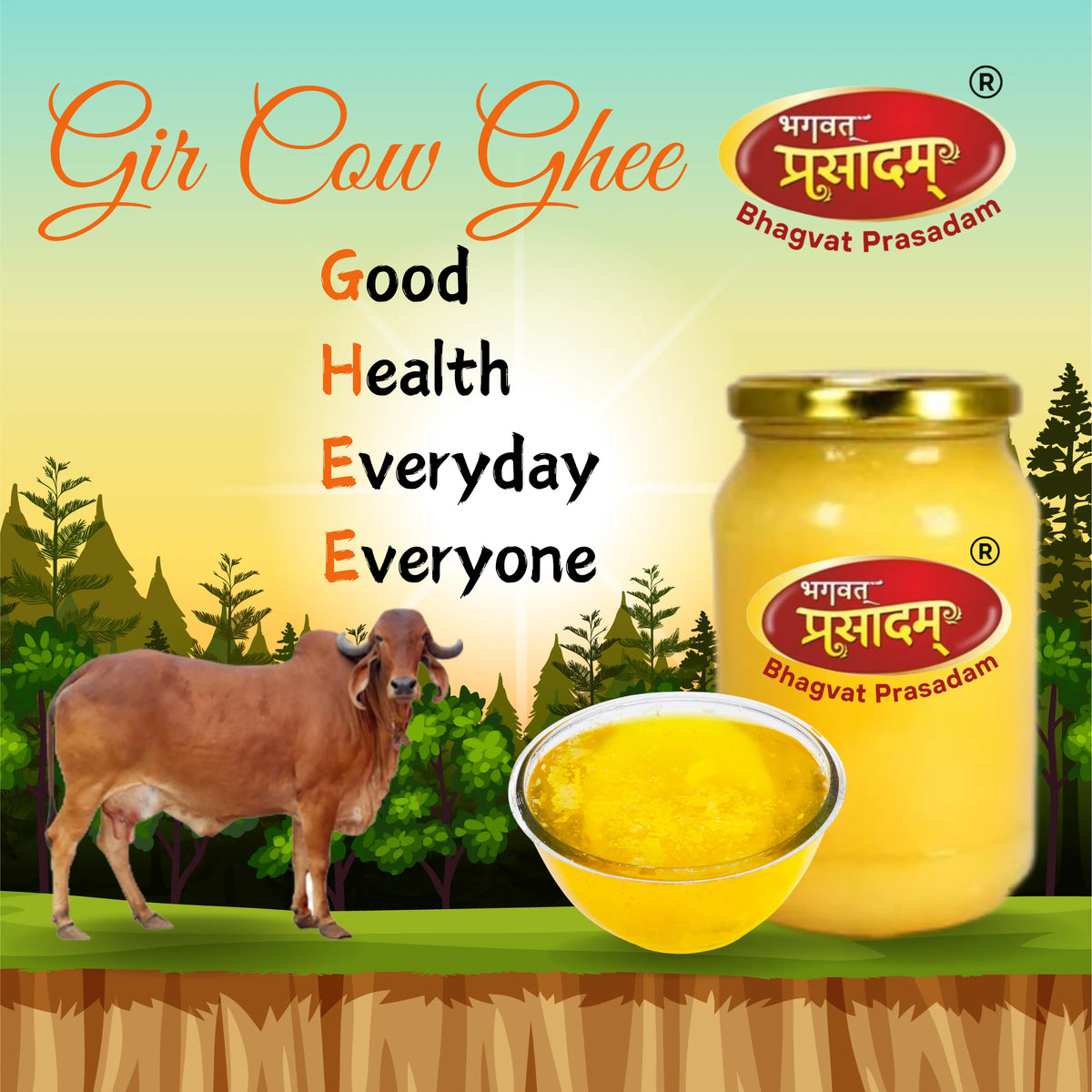 Bhagvat Prasadam Gir Cow Ghee with a cow and forest background